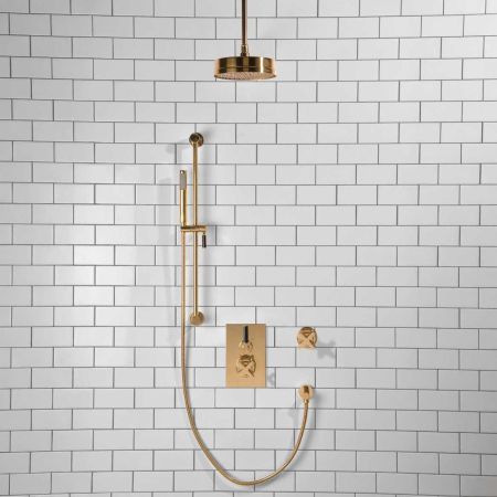 Elbe - Concealed Shower Set + Diverter - Black Lever/X-Top - 8" Rose - Ceiling Mounted Rose - Polished Brass