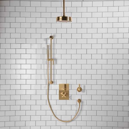 Elbe - Concealed Shower Set + Diverter - Metal Lever/Metal Lever - 8" Rose - Ceiling Mounted Rose - Brushed Brass