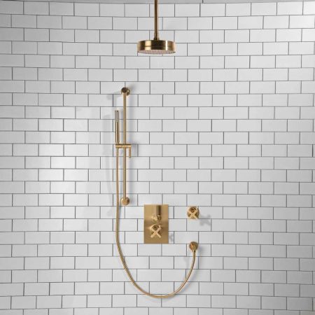 Elbe - Concealed Shower Set + Diverter - Metal Lever/X-Top - 8" Rose - Ceiling Mounted Rose - Brushed Brass
