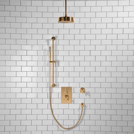 Elbe - Concealed Shower Set + Diverter - Metal Lever/X-Top - 8" Rose - Ceiling Mounted Rose - Polished Brass