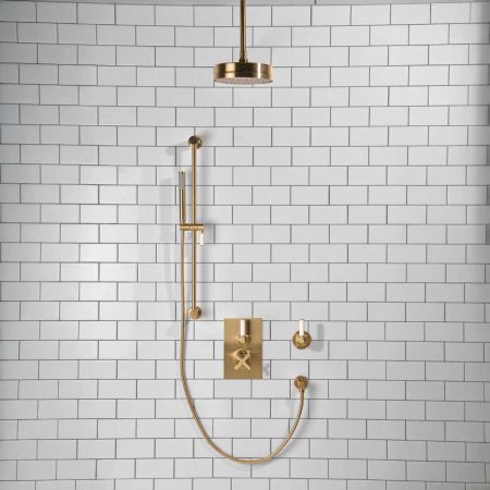 Elbe - Concealed Shower Set + Diverter - White Lever/White Lever - 8" Rose - Ceiling Mounted Rose - Brushed Brass