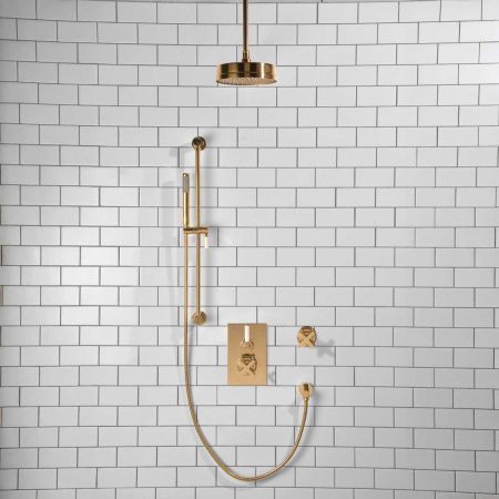 Elbe - Concealed Shower Set + Diverter - White Lever/X-Top - 8" Rose - Ceiling Mounted Rose - Polished Brass
