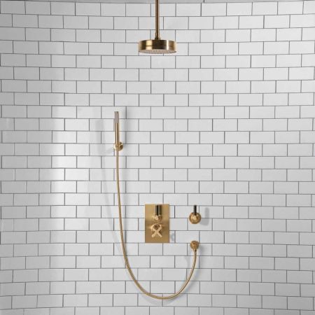 Elbe - Concealed Shower Set + Diverter - Hook Mount - Black Lever/Black Lever - 8" Rose - Ceiling Mounted Rose - Brushed Brass