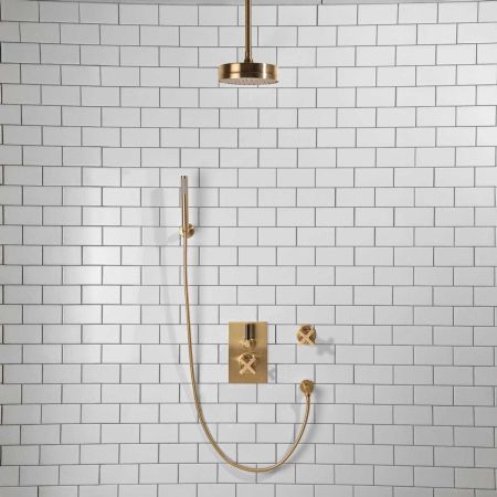 Elbe - Concealed Shower Set + Diverter - Hook Mount - Black Lever/X-Top - 8" Rose - Ceiling Mounted Rose - Brushed Brass