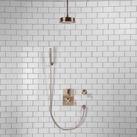 Elbe - Concealed Shower Set + Diverter - Hook Mount - Black Lever/X-Top - 8" Rose - Ceiling Mounted Rose - Brushed Nickel