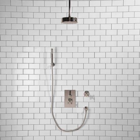 Elbe - Concealed Shower Set + Diverter - Hook Mount - Black Lever/X-Top - 8" Rose - Ceiling Mounted Rose - Chrome Finish