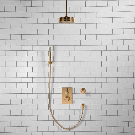 Elbe - Concealed Shower Set + Diverter - Hook Mount - Black Lever/X-Top - 8" Rose - Ceiling Mounted Rose - Polished Brass