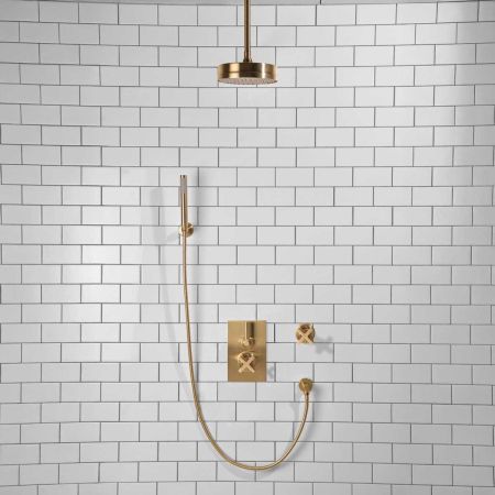 Elbe - Concealed Shower Set + Diverter - Hook Mount - Metal Lever/X-Top - 8" Rose - Ceiling Mounted Rose - Brushed Brass