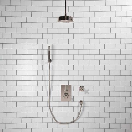 Elbe - Concealed Shower Set + Diverter - Hook Mount - Metal Lever/X-Top - 8" Rose - Ceiling Mounted Rose - Chrome Finish