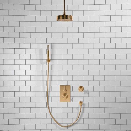 Elbe - Concealed Shower Set + Diverter - Hook Mount - Metal Lever/X-Top - 8" Rose - Ceiling Mounted Rose - Polished Brass