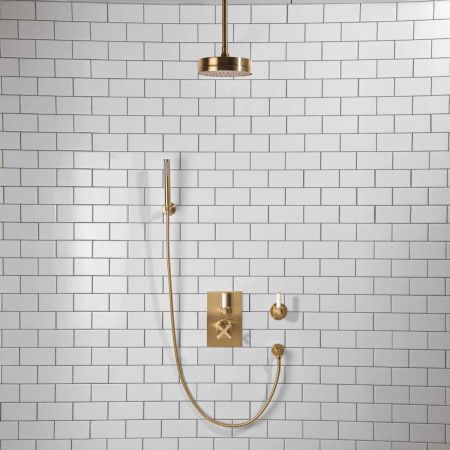 Elbe - Concealed Shower Set + Diverter - Hook Mount - White Lever/White Lever - 8" Rose - Ceiling Mounted Rose - Brushed Brass