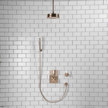 Elbe - Concealed Shower Set + Diverter - Hook Mount - White Lever/White Lever - 8" Rose - Ceiling Mounted Rose - Brushed Nickel