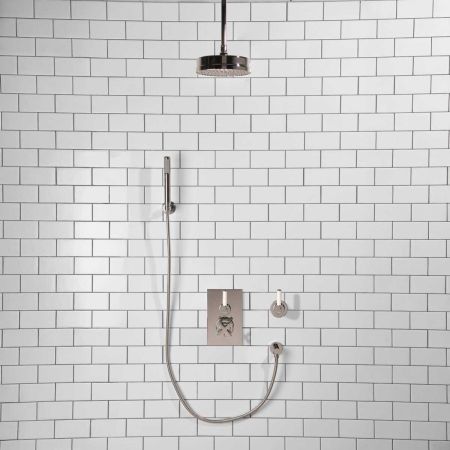 Elbe - Concealed Shower Set + Diverter - Hook Mount - White Lever/White Lever - 8" Rose - Ceiling Mounted Rose - Chrome Finish