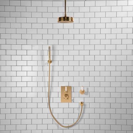 Elbe - Concealed Shower Set + Diverter - Hook Mount - White Lever/White Lever - 8" Rose - Ceiling Mounted Rose - Polished Brass