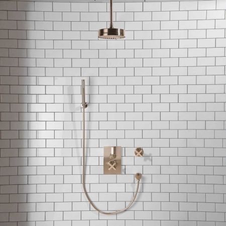 Elbe - Concealed Shower Set + Diverter - Hook Mount - White Lever/X-Top - 8" Rose - Ceiling Mounted Rose - Brushed Nickel
