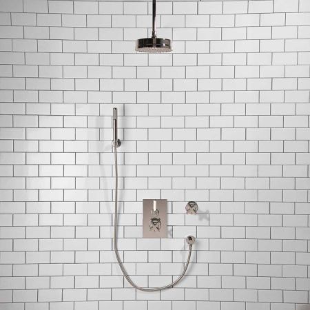 Elbe - Concealed Shower Set + Diverter - Hook Mount - White Lever/X-Top - 8" Rose - Ceiling Mounted Rose - Chrome Finish