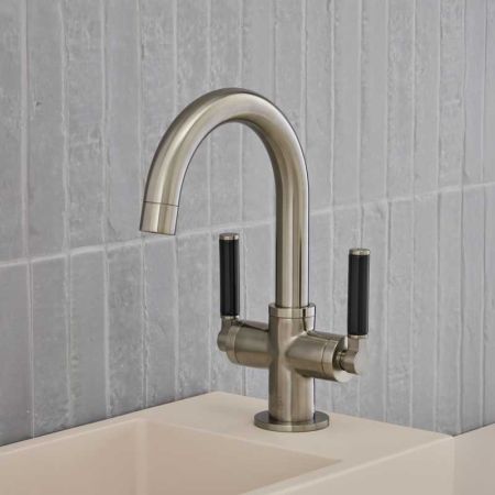 Senska Monobloc Basin Mixer - Deck Mounted - Black Lever - Brushed Nickel