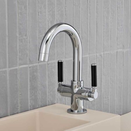 Senska Monobloc Basin Mixer - Deck Mounted - Black Lever - Chrome