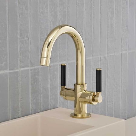 Senska Monobloc Basin Mixer - Deck Mounted - Black Lever - Polished Brass