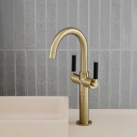 Senska Monobloc Basin Mixer - Deck Mounted - Black Lever - 100mm Extension - Brushed Brass