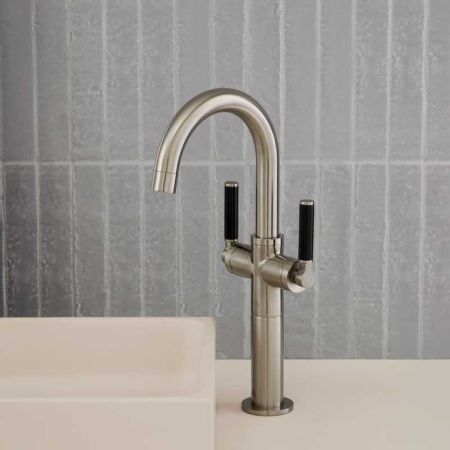 Senska Monobloc Basin Mixer - Deck Mounted - Black Lever - 100mm Extension - Brushed Nickel