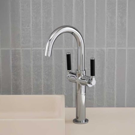 Senska Monobloc Basin Mixer - Deck Mounted - Black Lever - 100mm Extension - Chrome Finish