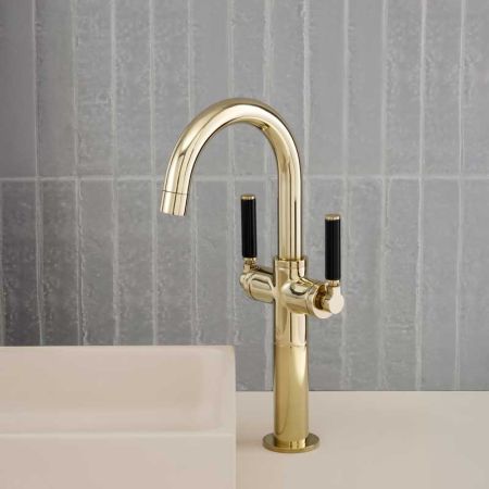 Senska Monobloc Basin Mixer - Deck Mounted - Black Lever - 100mm Extension - Polished Brass