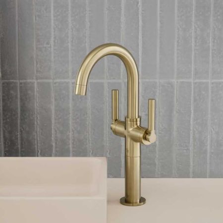 Senska Monobloc Basin Mixer - Deck Mounted - Metal Lever - 100mm Extension - Brushed Brass
