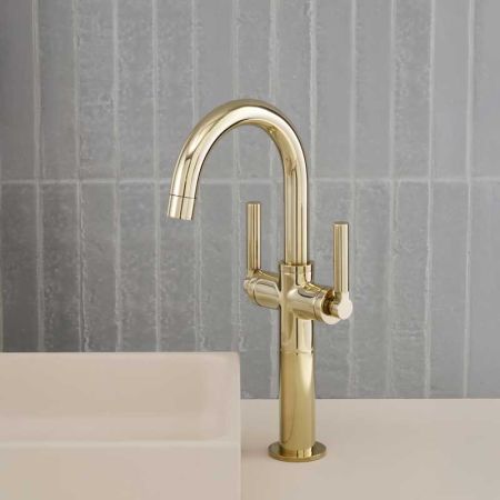 Senska Monobloc Basin Mixer - Deck Mounted - Metal Lever - 100mm Extension - Polished Brass