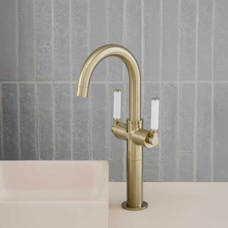 Senska Monobloc Basin Mixer - Deck Mounted - White Lever - 100mm Extension - Brushed Brass