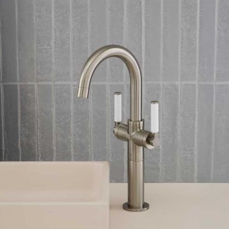Senska Monobloc Basin Mixer - Deck Mounted - White Lever - 100mm Extension - Brushed Nickel