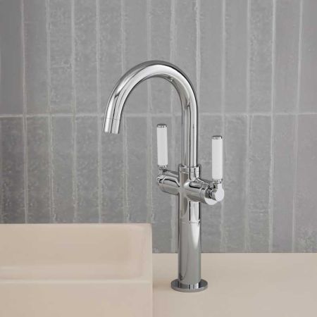 Senska Monobloc Basin Mixer - Deck Mounted - White Lever - 100mm Extension - Chrome Finish