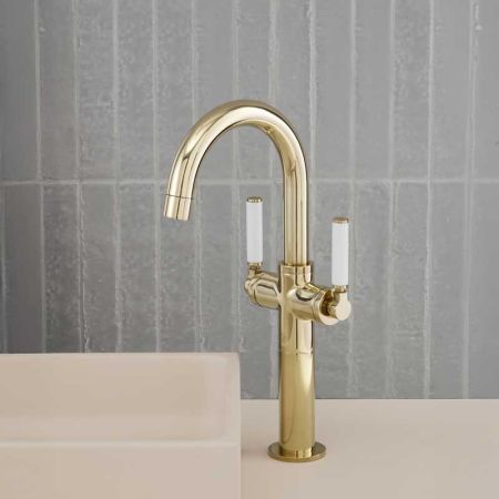 Senska Monobloc Basin Mixer - Deck Mounted - White Lever - 100mm Extension - Polished Brass
