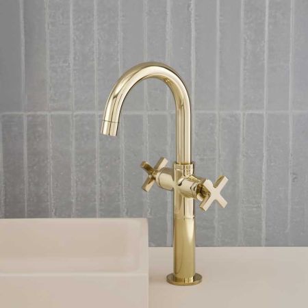 Bayor Monobloc Basin Mixer - Deck Mounted - X-Top - 100mm Extension - Polished Brass