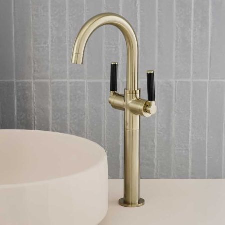 Senska Monobloc Basin Mixer - Deck Mounted - Black Lever - 160mm Extension - Brushed Brass