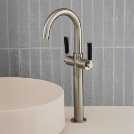 Senska Monobloc Basin Mixer - Deck Mounted - Black Lever - 160mm Extension - Brushed Nickel