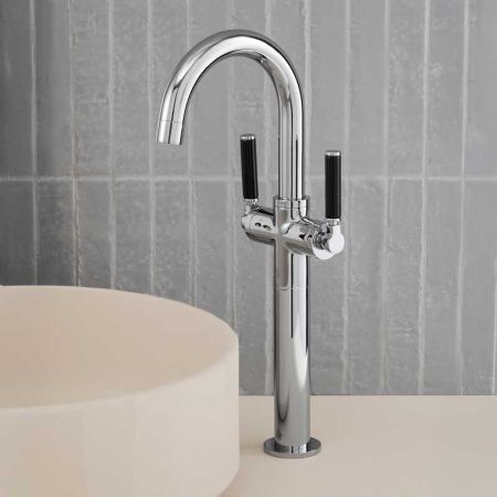 Senska Monobloc Basin Mixer - Deck Mounted - Black Lever - 160mm Extension - Chrome Finish