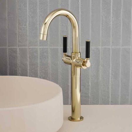 Senska Monobloc Basin Mixer - Deck Mounted - Black Lever - 160mm Extension - Polished Brass