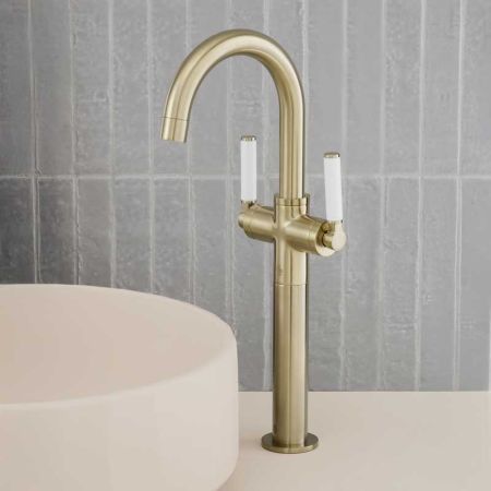 Senska Monobloc Basin Mixer - Deck Mounted - White Lever - 160mm Extension - Brushed Brass