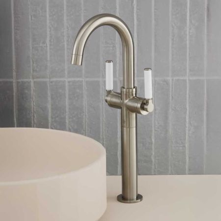 Senska Monobloc Basin Mixer - Deck Mounted - White Lever - 160mm Extension - Brushed Nickel