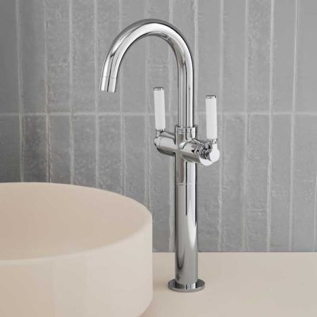 Senska Monobloc Basin Mixer - Deck Mounted - White Lever - 160mm Extension - Chrome Finish