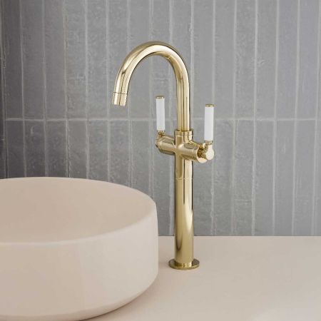 Senska Monobloc Basin Mixer - Deck Mounted - White Lever