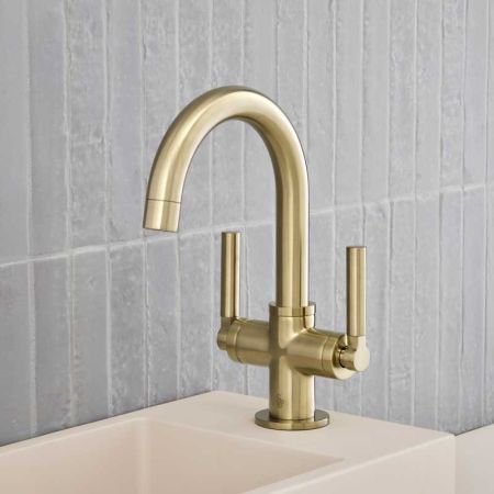Senska Monobloc Basin Mixer - Deck Mounted - Metal Lever - Brushed Brass