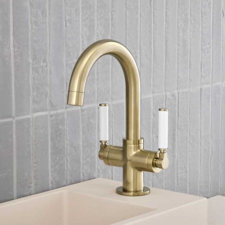 Senska Monobloc Basin Mixer - Deck Mounted - White Lever - Brushed Brass