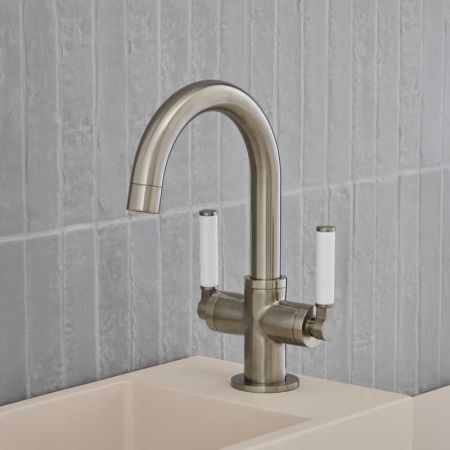 Senska Monobloc Basin Mixer - Deck Mounted - White Lever - Brushed Nickel