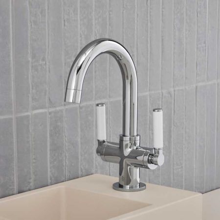 Senska Monobloc Basin Mixer - Deck Mounted - White Lever - Chrome
