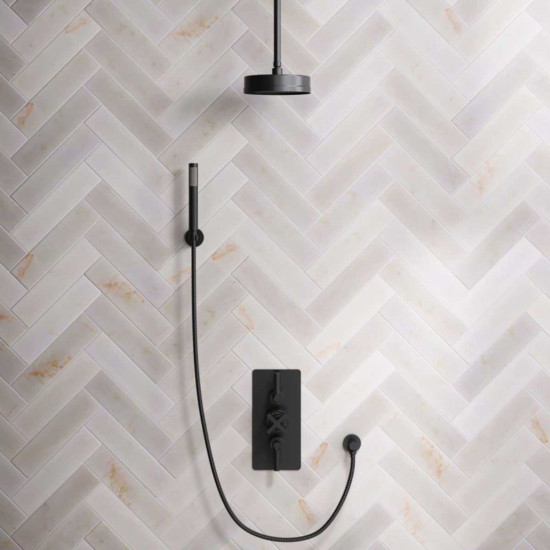 Elbe Dual Outlet Shower Kit - Concealed Valve - Brushed Brass Lever - Handshower Hook - Ceiling Mounted Rose - Brushed Brass