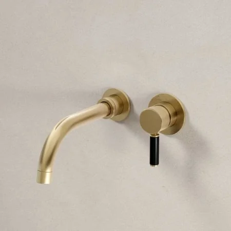 Bayor Wall Mounted 2 Hole Basin Mixer - 200mm Spout - Black Lever - Brushed Brass