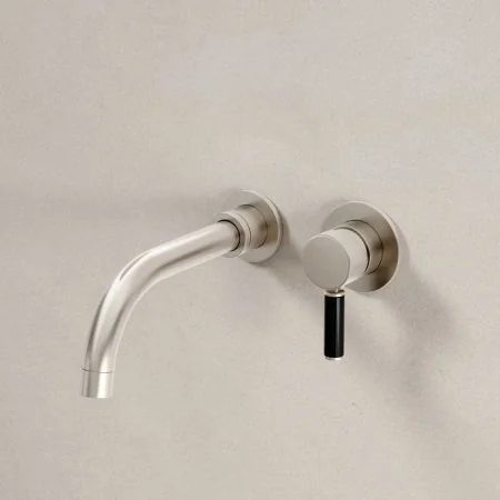 Bayor Wall Mounted 2 Hole Basin Mixer - 200mm Spout - Black Lever - Brushed Nickel