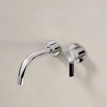 Bayor Wall Mounted 2 Hole Basin Mixer - 200mm Spout - Black Lever - Chrome